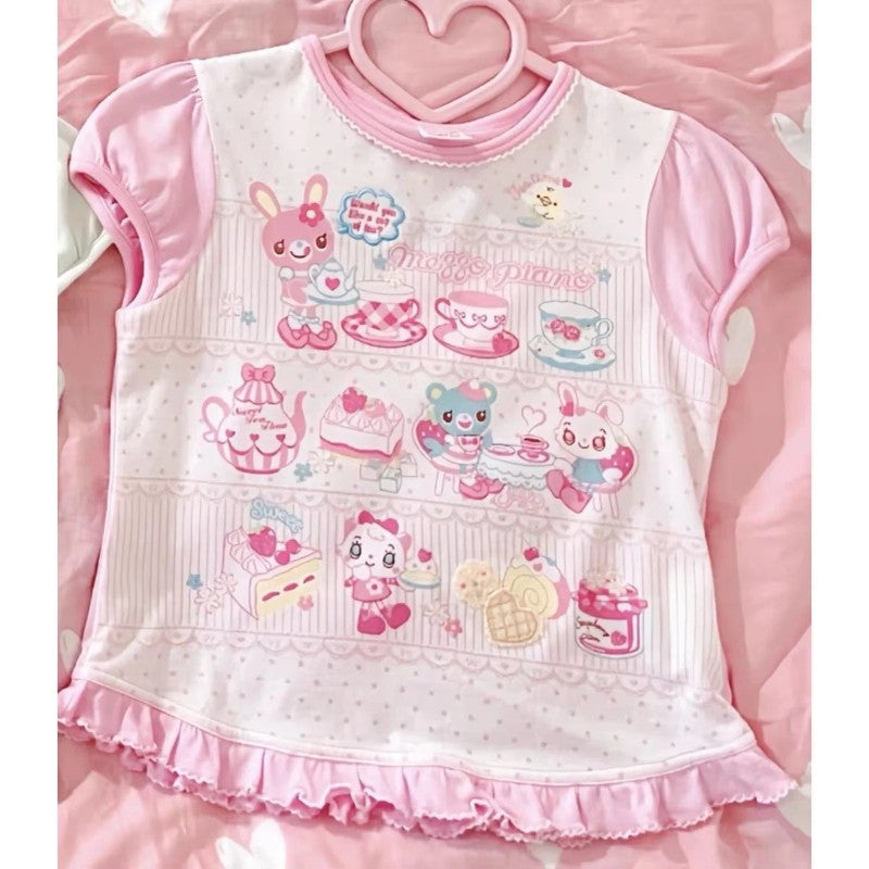 Lolita Print Tops Bow Cake Blouse Y2K JK Lolita Japan Kawaii Girl Cute Sweet Lace T-shirt A-line Spliced Cake Skirt New Chic