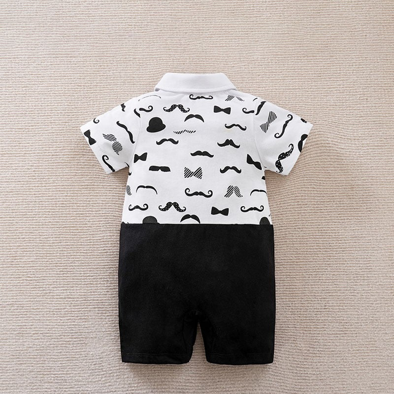 Boys Cartoon Printed Clothes Short Sleeve Bow Tie Romper  Moustache Cotton Baby Gentleman Newborn Toddler Baby Jumpsuit Print