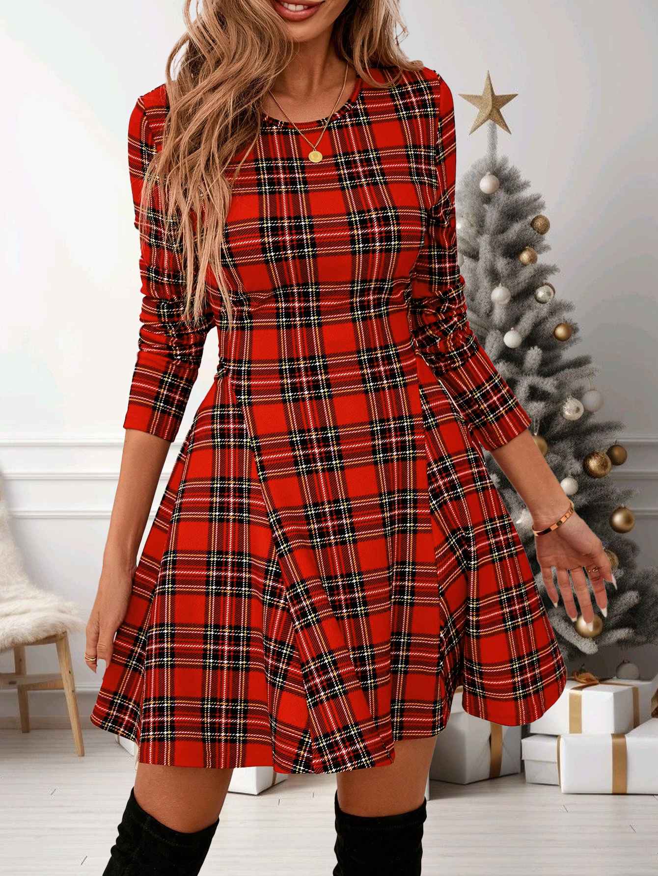 Women's Cute Red Plaid Long Sleeve Dress, Christmas - Vibe Swing Mini Dress, Super Comfy for Holiday Parties & Daily Wear