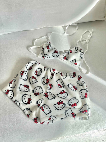 2Pcs/Set Sanrio Hello Kitty Y2K Cartoon Pajama Set Anime Womens‘s Home Wear Casual Summer Beachwear