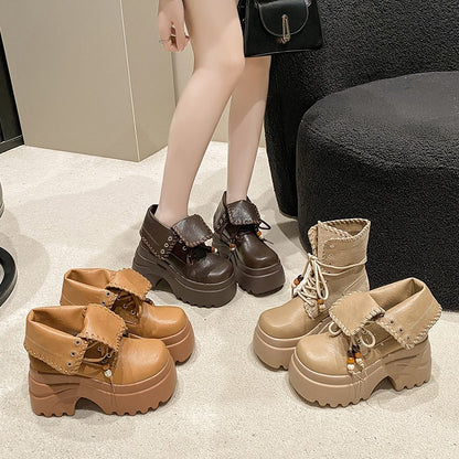 High Platform Women Motorcycle Boots 9CM Wedge Heels Walking Ankle Shoes New 2025 Autumn Winter Lace-up Modern Short Booties