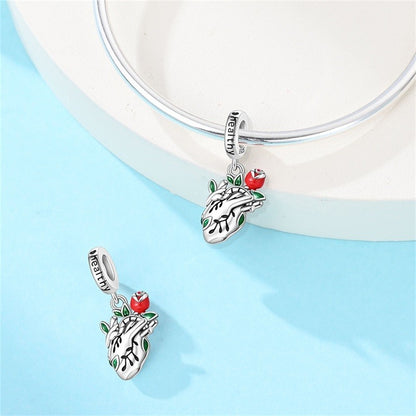 Heart & Organ Charm 925 Sterling Silver Red Rose Skull Dangle Pendant Dark Aesthetic Fit Bangle Bracelet Necklace DIY Jewelry