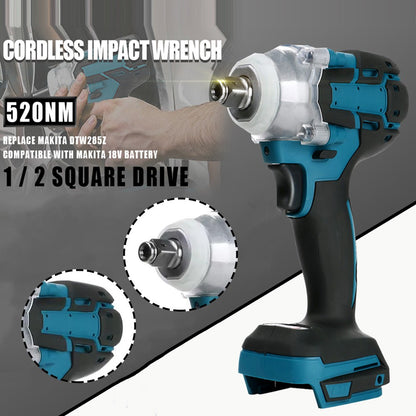Chave de Impacto Elétrica Sem Fio Sem Escovas 520NM de 1/2 polegada, Ferramentas Elétricas Compatíveis com Bateria de 18V, Chave com Conjunto de Caixa de Ferramentas