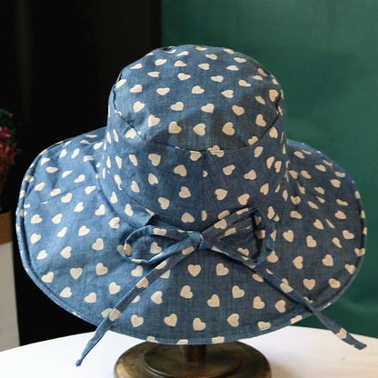 Chapéu feminino de verão, estampa de coração, aba grande para proteção solar, chapéu de sol de algodão e linho à prova de sol, chapéu de pescador dobrável