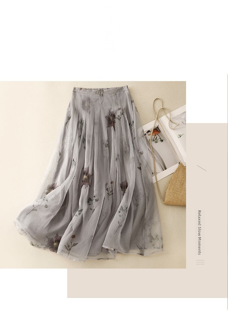Retro Cotton Linen Double Layer High Waist Printed Skirt A-Line Summer Faionable Drifting Large Size Women's Skirts