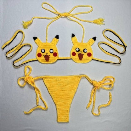 Kwaii Pikachu Girls Sexy Swimsuit Handmade Crochet Cute Bikinis Set 2pcs Womens Swimming Suit String Bikini Thongs Bathing Suit