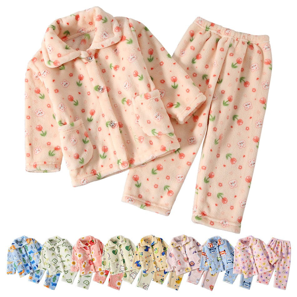 High Quality Coral Fleece Flannel Cute Cartoon Pattern Pajama Sets Boys and Girls Long Sleeve Warm Comfortable Winter Sleepwear
