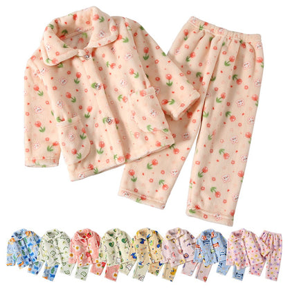 High Quality Coral Fleece Flannel Cute Cartoon Pattern Pajama Sets Boys and Girls Long Sleeve Warm Comfortable Winter Sleepwear