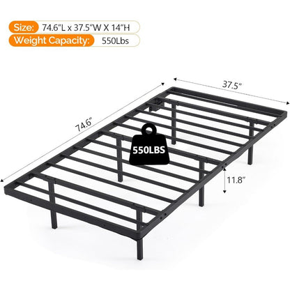Twin Size Heavy Duty Metal Bed Frame with USB Charging and LED Lights, 14 Platform Bed Frame