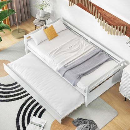 Twin Daybed with Trundle White, Wood Trundle Bed with Wood Slat Support, Mid Century Day Bed Frame for Living Room Guest