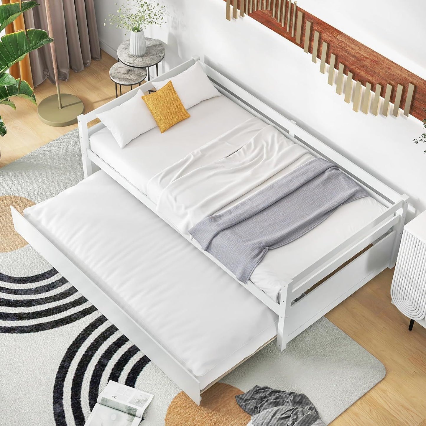 Twin Daybed with Trundle White, Wood Trundle Bed with Wood Slat Support, Mid Century Day Bed Frame for Living Room Guest