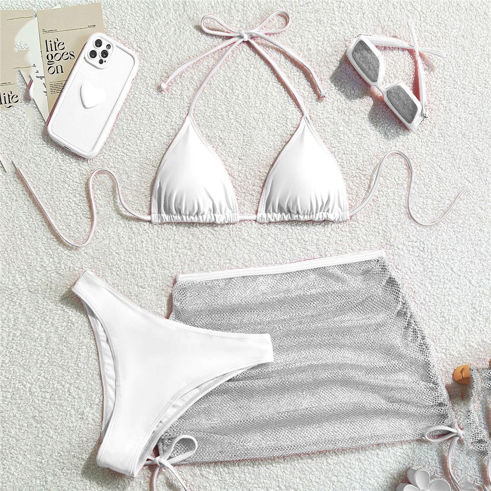 Solid Brown Swimwears String Halter Triangle 3 Piece Bikini Set Sexy Swimsuit Women 2025 Mesh Skirts Bathing Suit Bikinis Dames