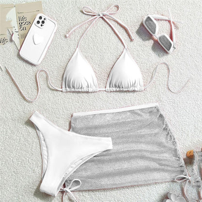 Solid Brown Swimwears String Halter Triangle 3 Piece Bikini Set Sexy Swimsuit Women 2025 Mesh Skirts Bathing Suit Bikinis Dames