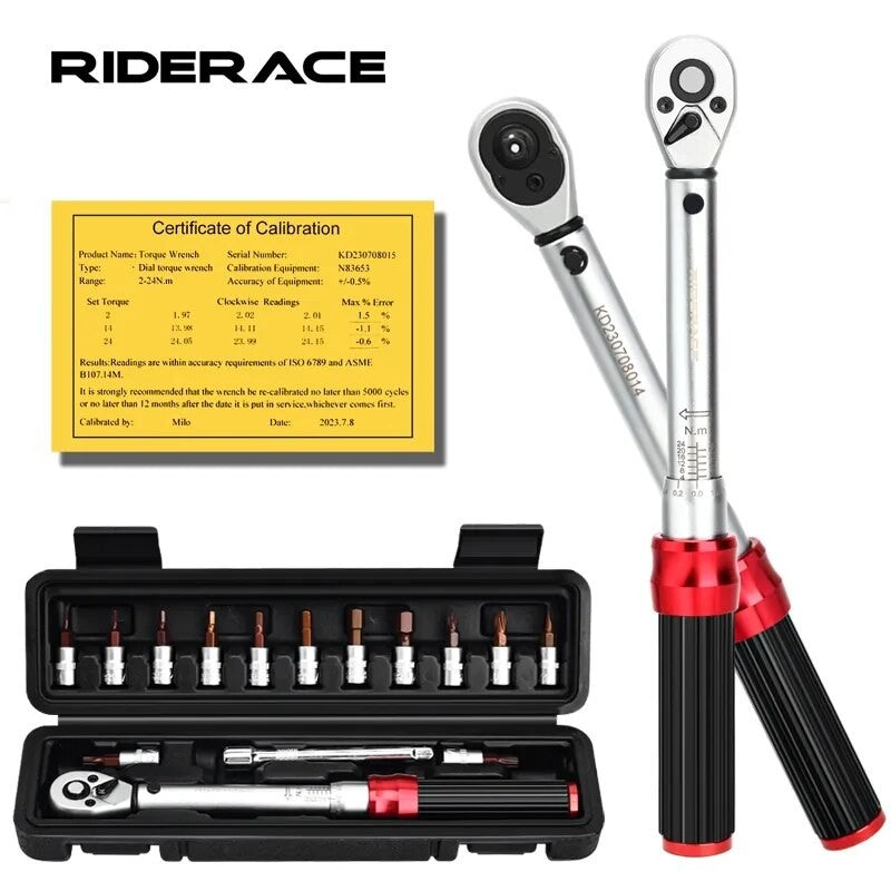 RIDERACE Chave de Torque para Bicicleta Conjunto 15 Peças 1/4" 2-24Nm Chave Allen Dupla Direção para Bicicleta Kit de Reparo Profissional para Motocicleta com Soquetes