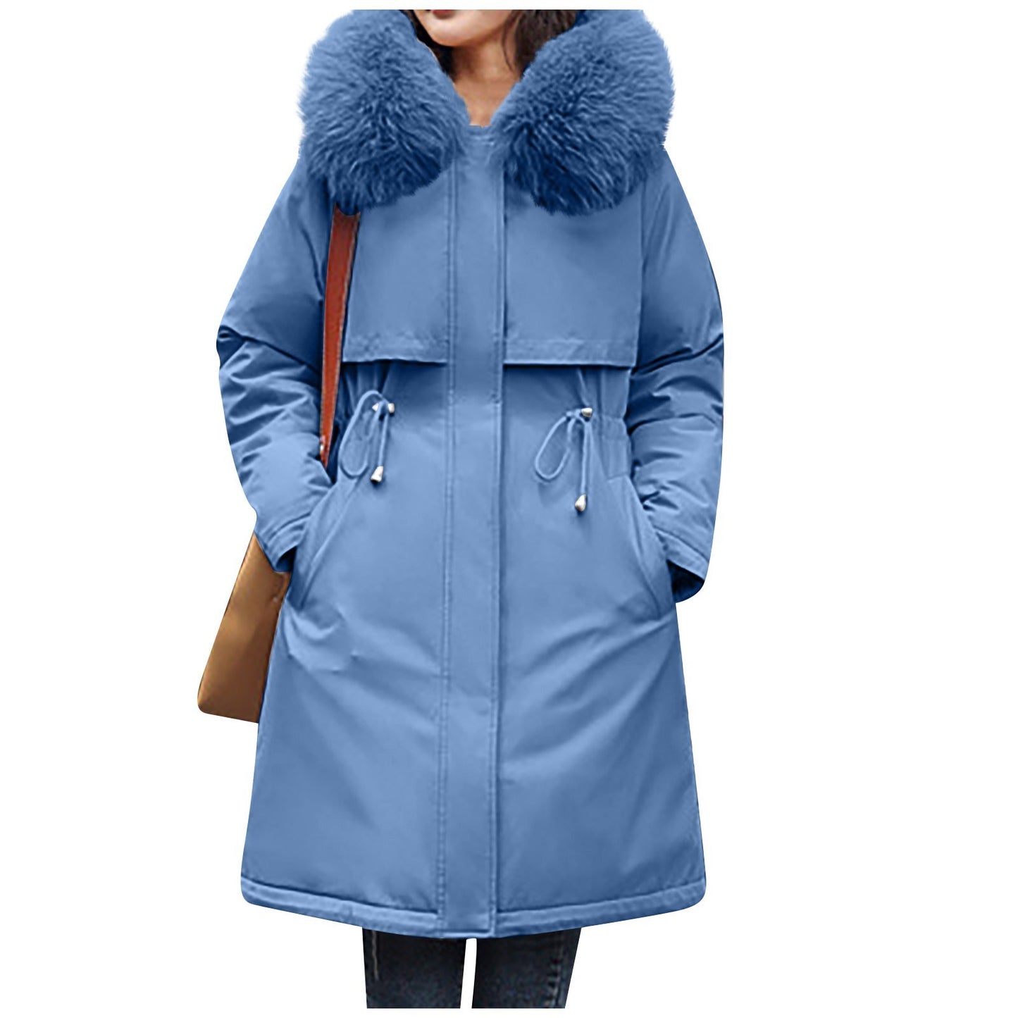 Ladies' Casual Warm And Versatile Large Fur Collar Solid Color Thick Cotton Coat Jacket For Outdoor Daily Wear