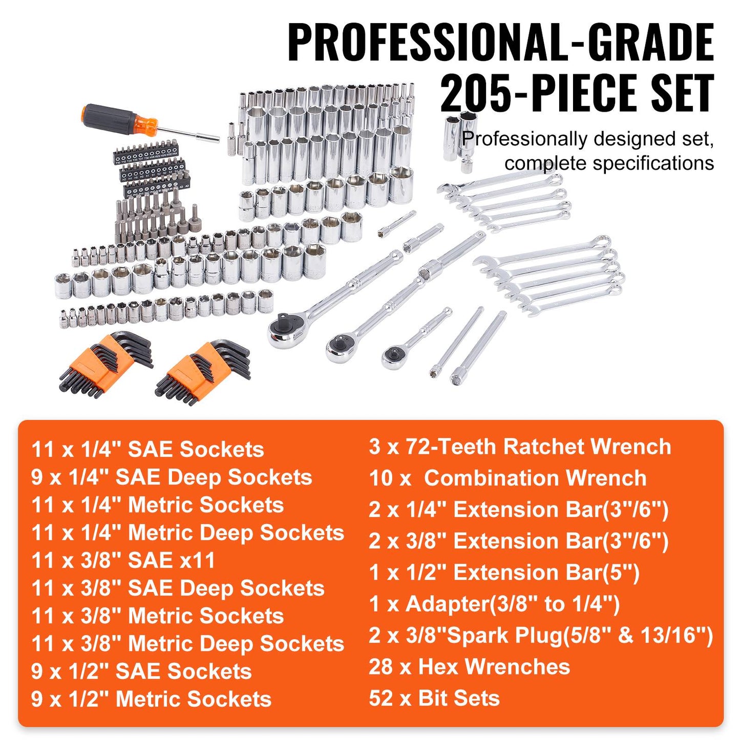 Conjunto de Ferramentas e Soquetes SucceBuy para Mecânica Soquetes Profundos e Padrão 145/205 Peças Conjunto de Ferramentas para Mecânica SAE e Métrico com Bits