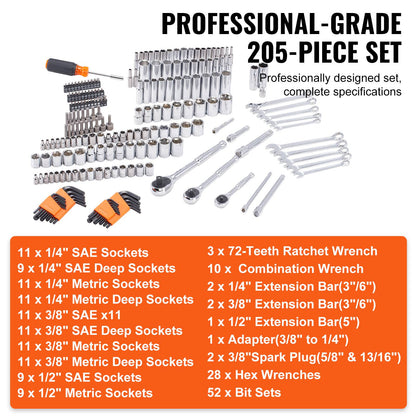 Conjunto de Ferramentas e Soquetes SucceBuy para Mecânica Soquetes Profundos e Padrão 145/205 Peças Conjunto de Ferramentas para Mecânica SAE e Métrico com Bits