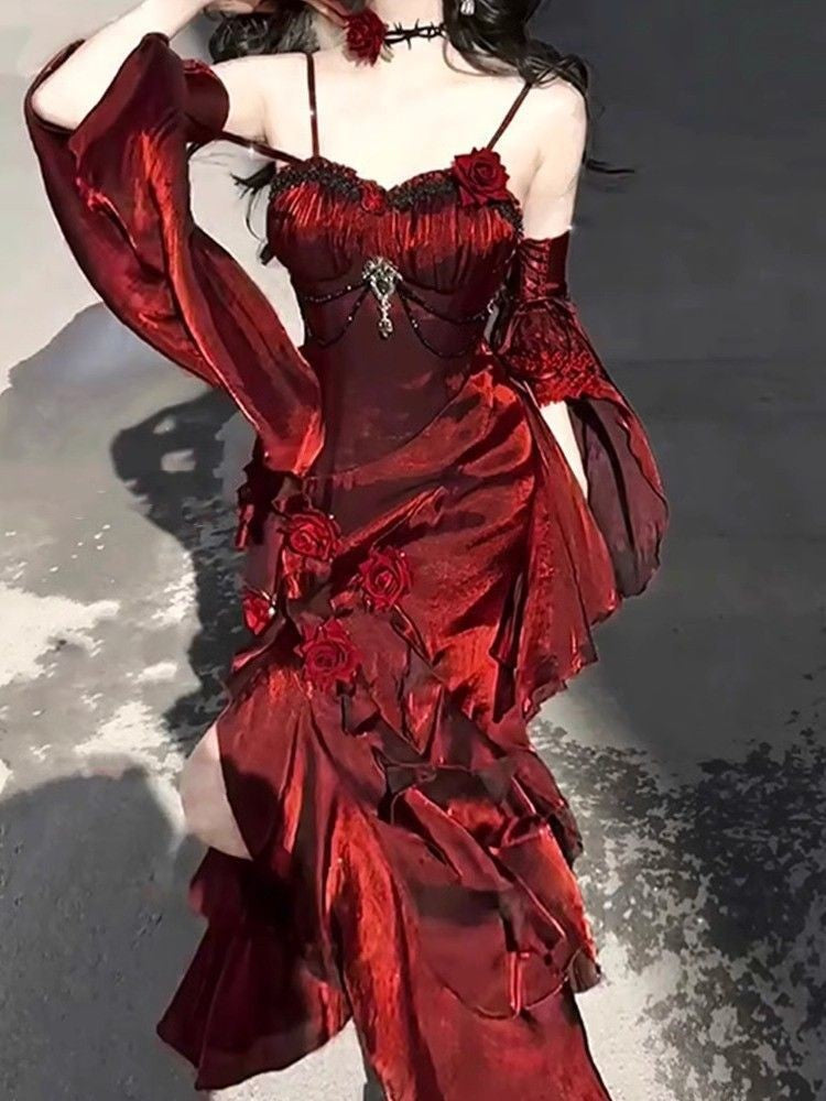 Red Rose Dress Lolita Mermaid Dress Elegant Goddess Lolita Adult Ceremony Dress Skirt
