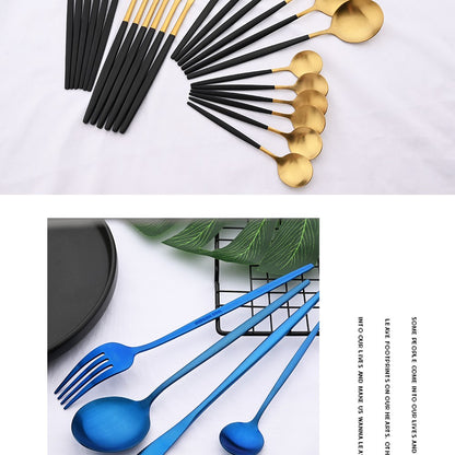 Conjunto de Talheres 24 Peças Preto Fosco em Aço Inoxidável para Cozinha, Faqueiro de Bife, Garfo, Colher, Louça de Mesa