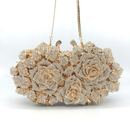 Golden Silver Luxury Crystals Evening Bags Fashion Rose Flower Diamonds Clutch Bags Soiree Purse Women Wedding Bride Handbags