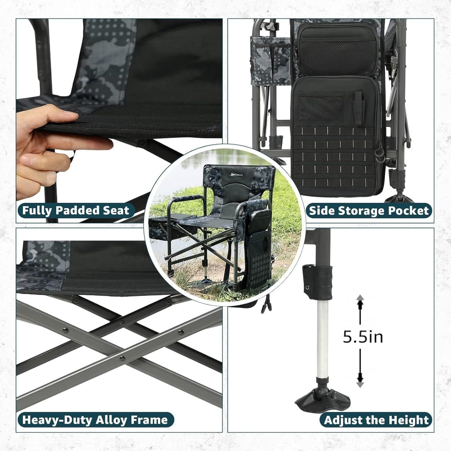 Cadeiras de Pesca com Porta-Varas, Cadeira Dobrável de Pesca no Gelo para Adultos Cadeira de Acampamento ao Ar Livre com Perna Ajustável e Bolsa Térmica