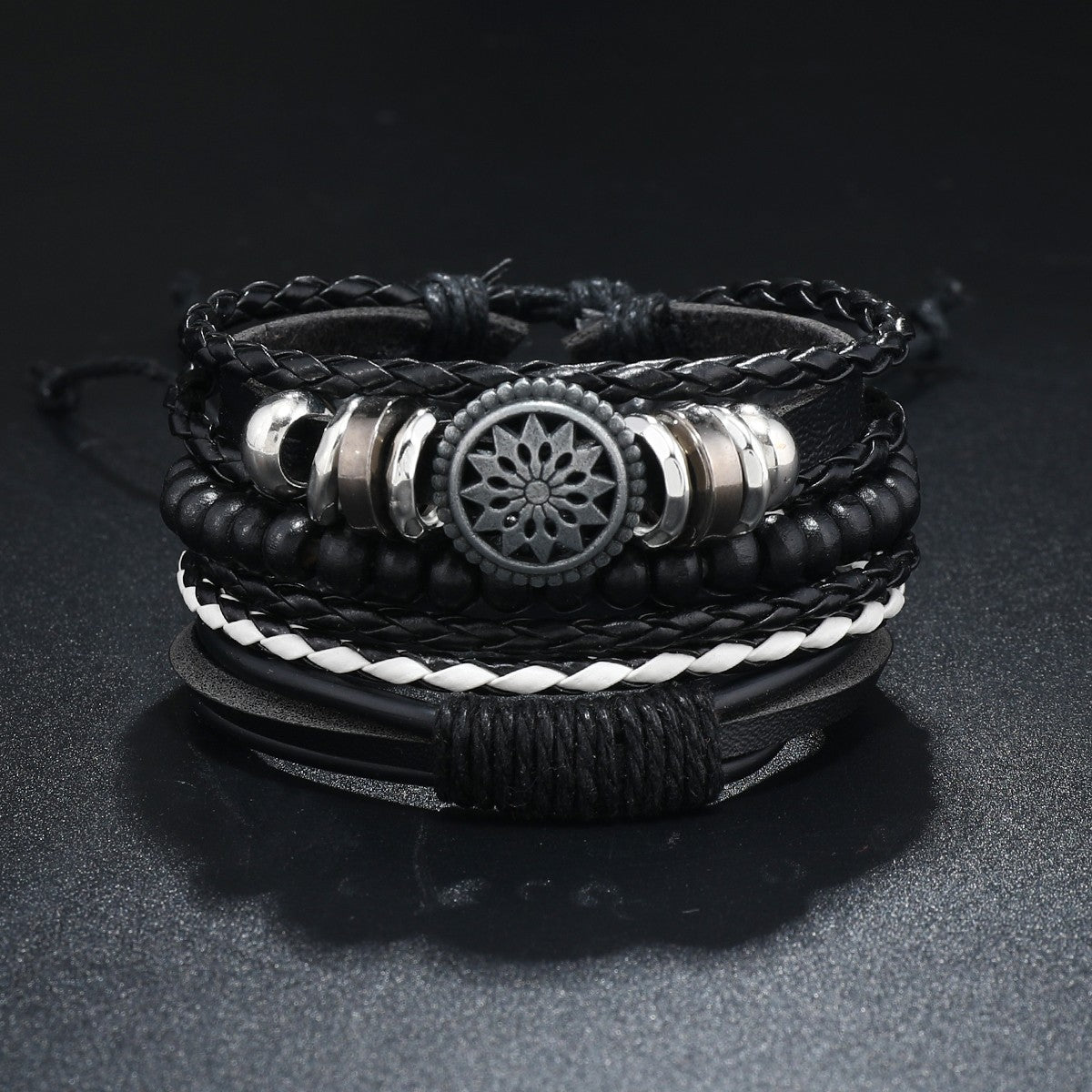 Conjunto de 4 Pulseiras Masculinas Trançadas de Couro com Fecho, Vintage Árvore da Vida Leme, Miçangas de Madeira, Étnicas Tribais, Bracelete de Corda