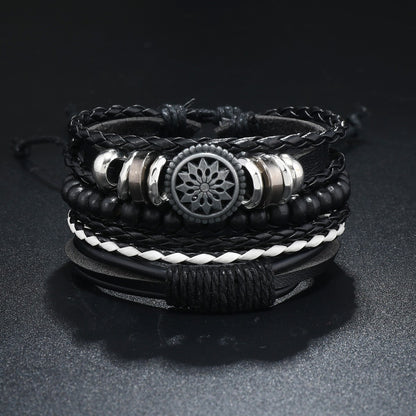 Conjunto de 4 Pulseiras Masculinas Trançadas de Couro com Fecho, Vintage Árvore da Vida Leme, Miçangas de Madeira, Étnicas Tribais, Bracelete de Corda
