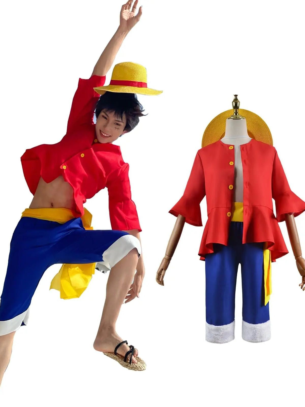 Anime Monkey D Luffy Cosplay Costumes ONE PIC Sun God Luffy Cosplay Red Suits Hat Halloween Carnival Costume For Adult Kids