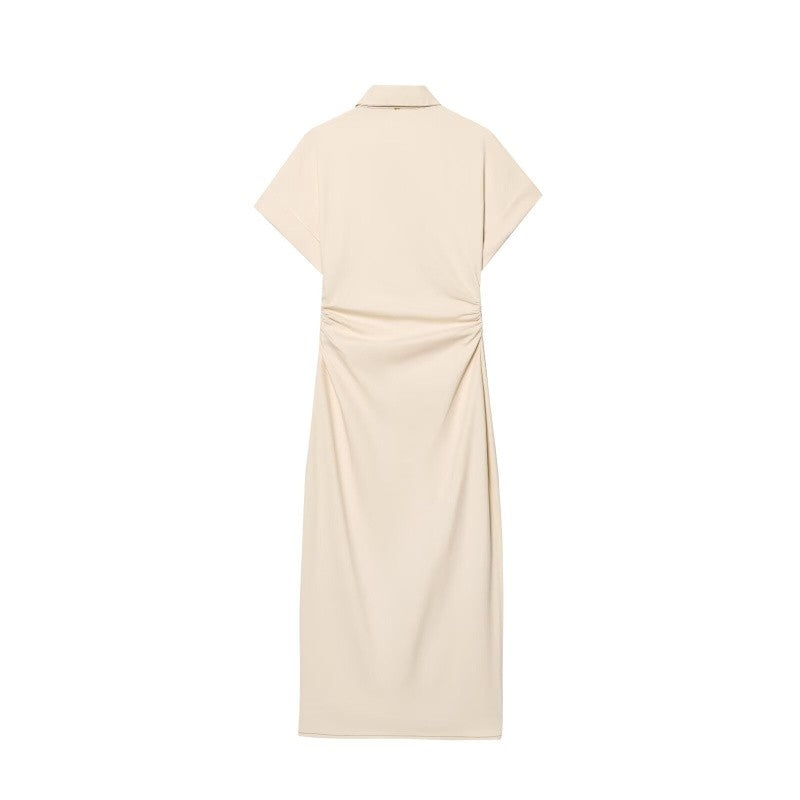 ETJ 2025 summer new  women's elegant fashion waist pleated V-neck short-sleeved temperament denim MIDI dress