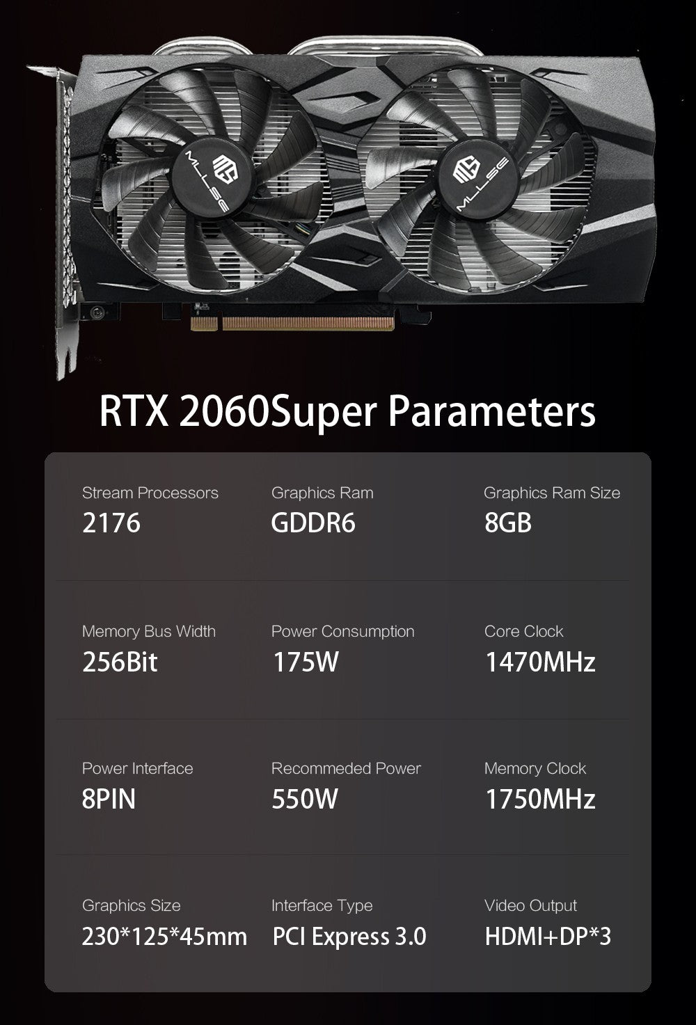 MLLSE RTX 2060 Super 8GB Placa de Vídeo para Jogos GDDR6 256Bit 8Pin PCI Express 3.0x16 rtx 2060 super 8gb games