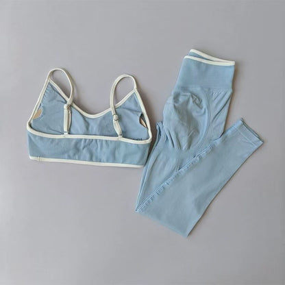 Women's Fitness Suit, Strappy Contrast Color Patchwork Sports Shockproof Slimming Quick-Dry Nude Feel Pants, Yoga Wear