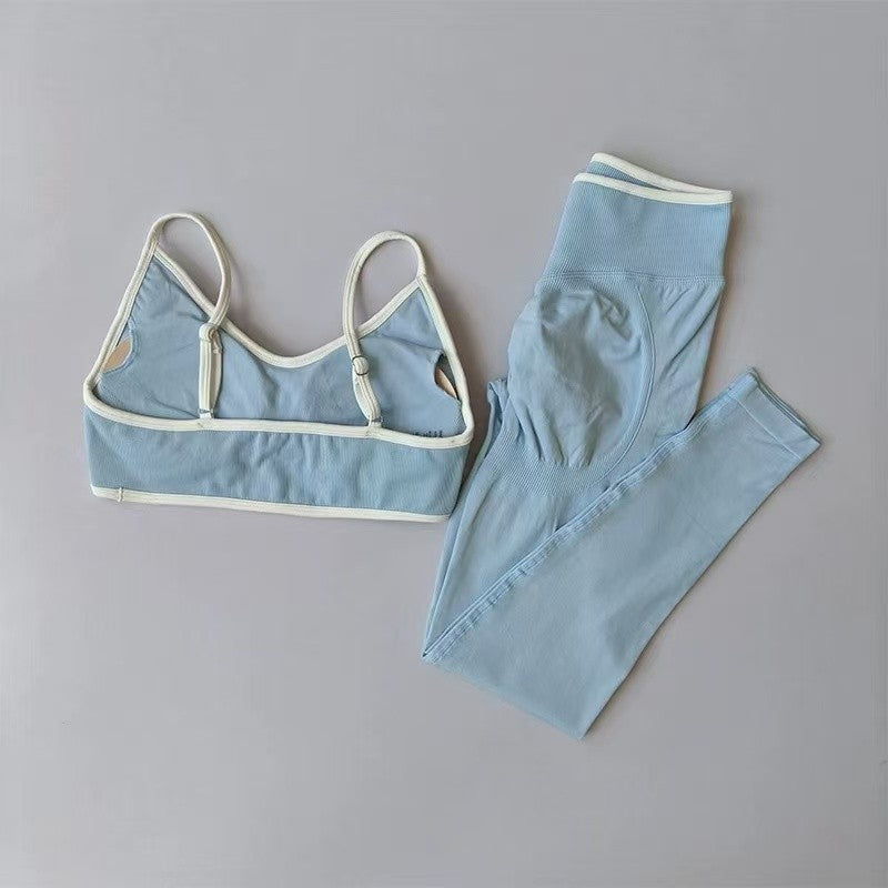 Women's Fitness Suit, Strappy Contrast Color Patchwork Sports Shockproof Slimming Quick-Dry Nude Feel Pants, Yoga Wear