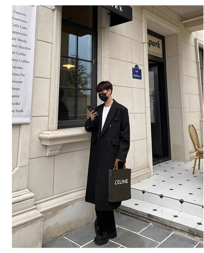 Mauroicardi Autumn Winter Long Warm Coffee Black Soft Woolen Coat Men Double Breasted Loose Casual Wool Blends Overcoat 2023