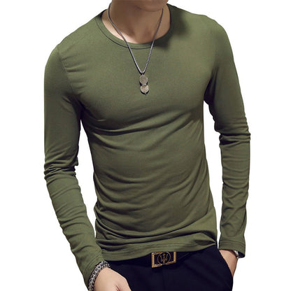 White Solid Color Basic Slim Men T-shirt Spring Autumn Bottoming Shirt Men Round Neck V-neck Casual Tops Long-sleeve Shirts