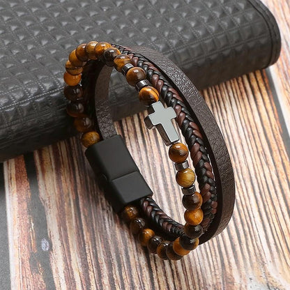 Pulseira de Couro Jiayiqi Masculina Punk Hip Hop Metal Charm Contas Olho de Tigre Pulseira Multicamadas para Homens Joia da Moda Presente
