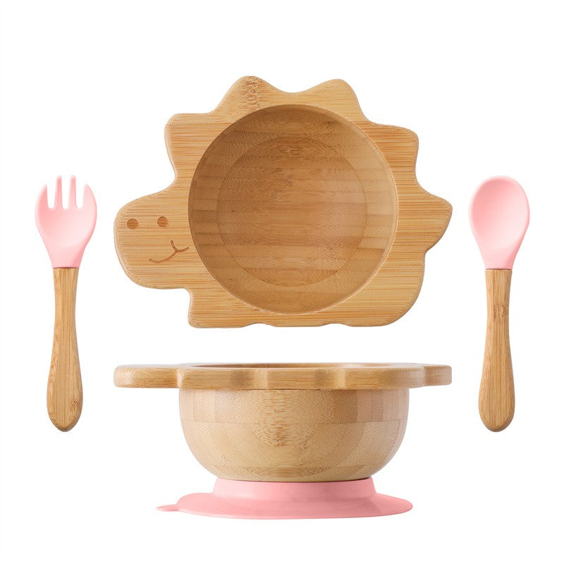 Baby Wooden Tableware Set Could Bamboo Wooden Plate Bowl Silicone Suction Wooden Handle Fork Spoon for Children Feeding Supplies