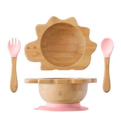 Baby Wooden Tableware Set Could Bamboo Wooden Plate Bowl Silicone Suction Wooden Handle Fork Spoon for Children Feeding Supplies