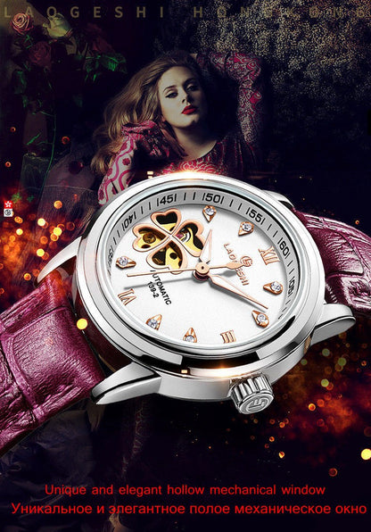 Women Automatic Mechanical Watches Diamond Four-leaf Clover WristWatches Ladies Rose Leather Watch Waterproof Senhoras Assistir