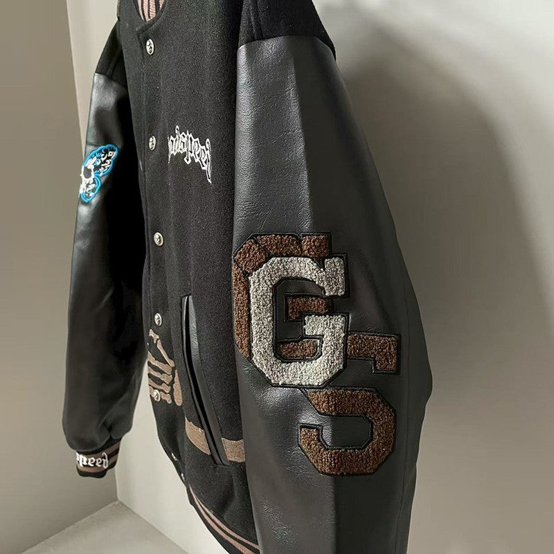 Real Photo GOD SPEED Baseball Jacket American Vintage Patchwork Leather Sleeves Unisex Embroidery Skeleton Jacket Coats
