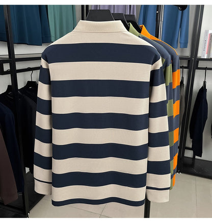 Unique stripe color blocked long sleeve polo shirt men high-end trend brand letters embossed spring autumn new comfort T-shirt