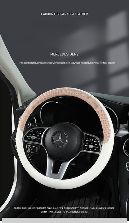 Perforated Nappa Leather Car Steering Wheel Cover Warm in Winter and Cool in Summer, Universal 15 Inch,  Anti-Slip, Odorless