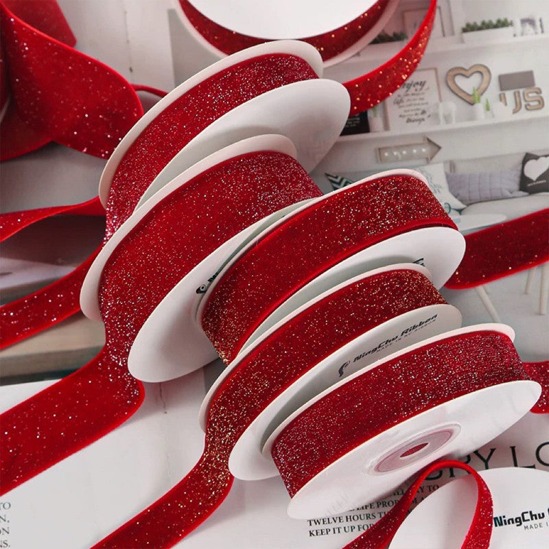 6/10/20/38mm Christmas Velvet Bow Gift Ribbon Packaging DIY New Year Red Velvet Gold Glitter Festival Ribbon for DecorationDD14