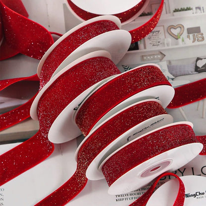 6/10/20/38mm Christmas Velvet Bow Gift Ribbon Packaging DIY New Year Red Velvet Gold Glitter Festival Ribbon for DecorationDD14