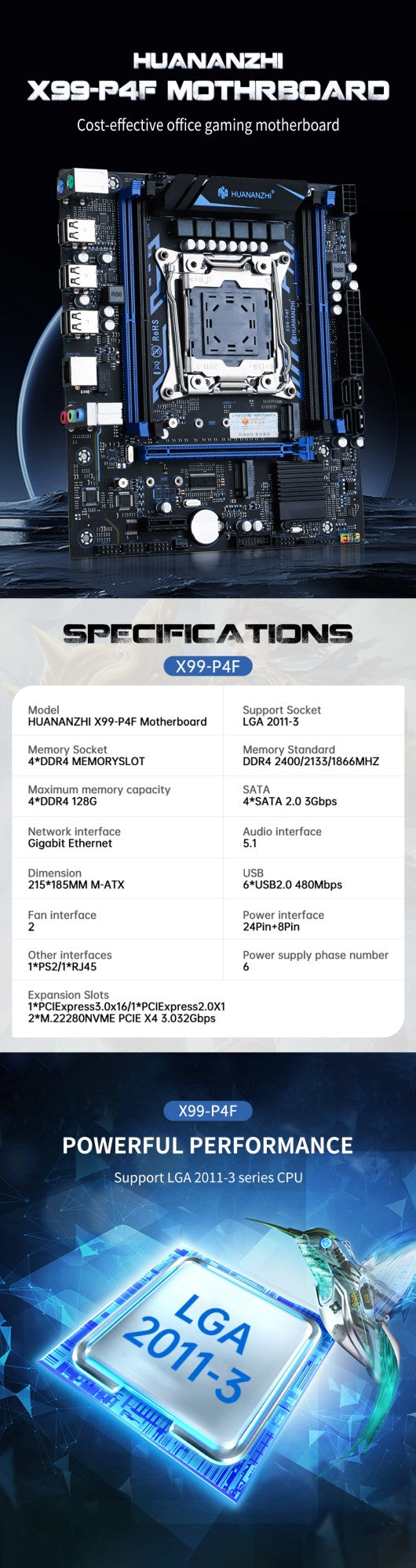 Placa-mãe HUANANZHI X99 P4F LGA 2011-3 XEON X99 suporta Intel E5 V3 V4 Todas as séries de memória DDR4 RECC NON-ECC NVME