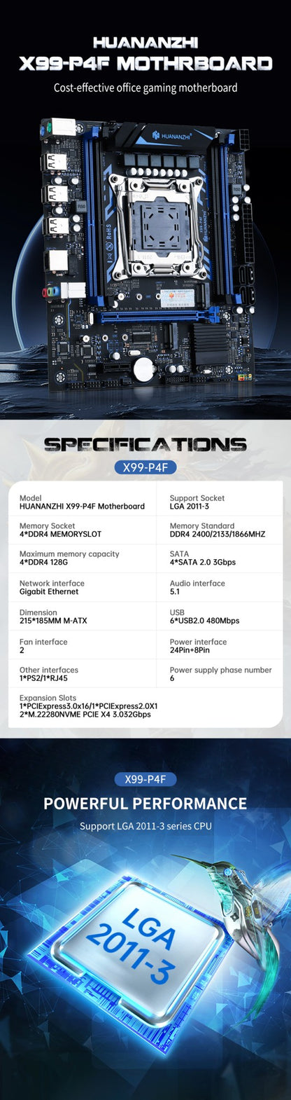 Placa-mãe HUANANZHI X99 P4F LGA 2011-3 XEON X99 suporta Intel E5 V3 V4 Todas as séries de memória DDR4 RECC NON-ECC NVME