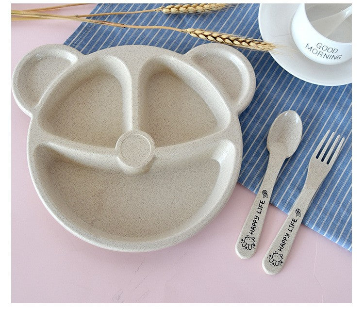 3-Piece Cute Divided Dining Plate for Children's Bowls Solid Color Fork Spoon Sucking Tableware Set with Wheat Material