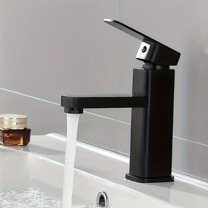 Torneira de lavatório quadrada de uso duplo água fria e quente em aço inoxidável preto, torneira para armário de banheiro e cozinha para casa