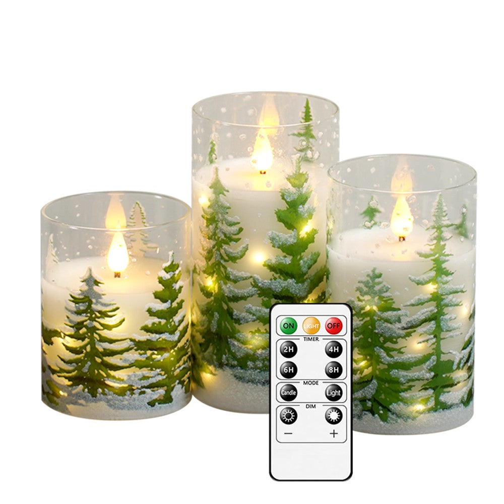 3in Glass Paraffin Built In String Light Print LED Flameless Candle 2AA Battery Remote Control Christmas Candle Decor Lighting