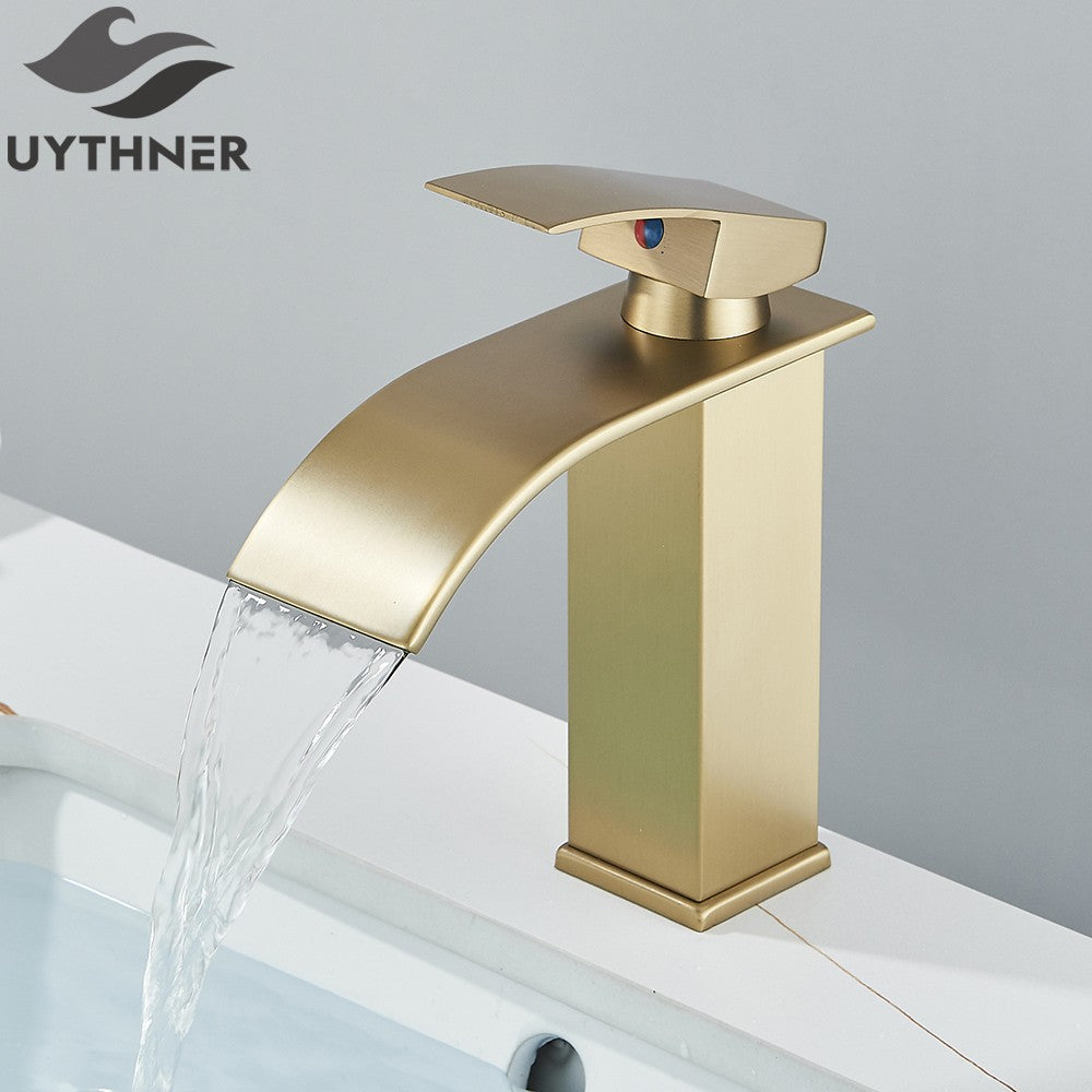 Brushed Golden Basin Faucets Elegant Waterfall Bathroom Sink Faucet Single Lever Hole Deck Mount Brass  Mixer Taps