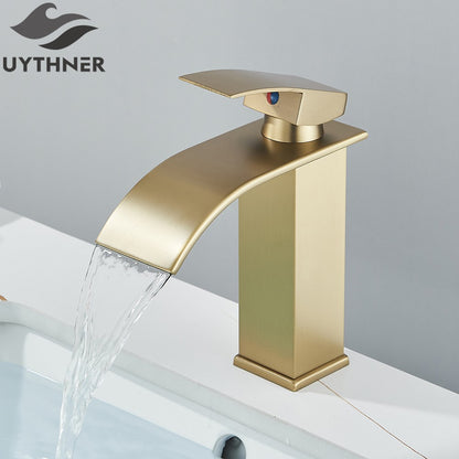 Brushed Golden Basin Faucets Elegant Waterfall Bathroom Sink Faucet Single Lever Hole Deck Mount Brass  Mixer Taps